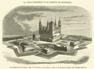 Kasteel Cronsborg, op het eiland Seeland, op de Sund, vogelvlucht (gravure)