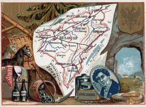 Le Doubs, Franche-Comté, Frankrijk. Portret van Georges Cuvier. Lokale specialiteit: kirsch, alsem, horlogemakerij, draad en landbouw. Serie over de Franse departementen.