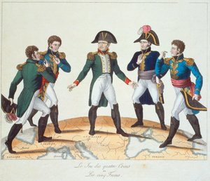 Het Spel van de Vier Hoeken of De Vijf Broers, Bonapartistische cartoon met Napoleon en zijn broers, 1808 door French School