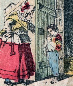 Le Pere Fouettard, Franse figuur voor de geselende vader, legendarisch figuur uit folklore die stoute kinderen straft: zijn vrouw, La Mere Fouettard de geselende moeder, die berouwvolle kinderen brengt - Epinal afbeelding door French School