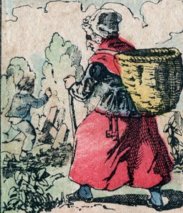Le Pere Fouettard, Franse figuur voor de geselende vader, legendarische figuur uit de folklore die stoute kinderen straft: zijn vrouw, La Mere Fouettard de geselende moeder die kinderen achtervolgt die spijbelen - Epinal afbeelding door French School