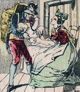 Le Pere Fouettard Franse figuur voor de geselende vader, legendarische figuur uit de folklore die stoute kinderen straft en de ongehoorzame opsluit, Epinal afbeelding 19e eeuw (gravure) door French School