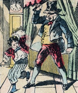 Le Pere Fouettard legendarische figuur uit de folklore, die ongehoorzame kinderen straft met zijn zweep, en ongehoorzame kinderen opsluit, afbeelding van Epinal door French School