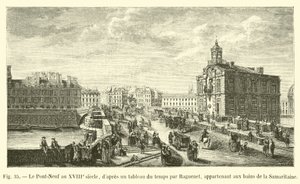 De Pont-Neuf in de 18e eeuw, volgens een schilderij uit die tijd door Raguenet, behorend tot de baden van de Samaritaan door French School