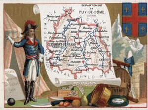 Le Puy Du Dome (Puy-Du-Dome, 63), Auvergne, Frankrijk. Portret van Louis Charles Antoine Desaix (1768-1800), bestek, wijn, abrikozencompote. Serie over de Franse departementen. Chromolithografie 