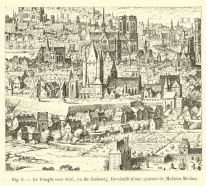 De Tempel rond 1620, gezien vanaf de voorstad, facsimile van een gravure van Mathieu Merian door French School