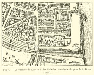 De wijk van het Louvre en de Tuilerieën, facsimile van het plan van J Braun, 1530 door French School