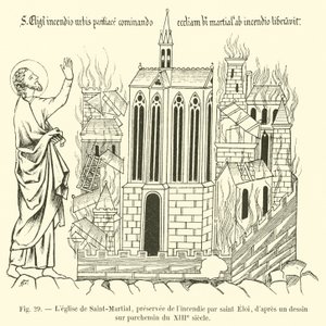 De kerk van Saint-Martial, gered van brand door Saint Eloi, naar een tekening op perkament uit de 13e eeuw door French School