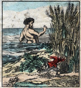 Lemuel Gulliver verstopt zich voor een reus in Brobdingnag. Illustratie voor "Gulliver