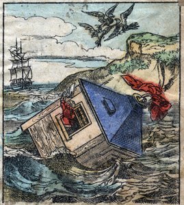 Lemuel Gulliver is in zijn huis in het land van de reuzen van Brobdingnag. Illustratie voor 