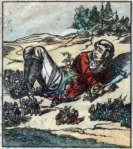 Lemuel Gulliver werd wakker na zijn schipbreuk en werd gevangengenomen door de Lilliputters. Illustratie voor "Gulliver