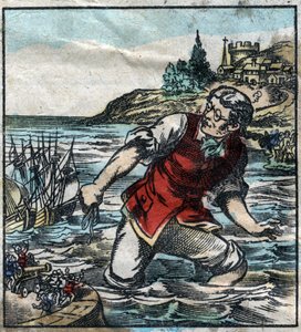 Lemuel Gulliver vuurde de schepen van het Blefuscu-leger naar de hoofdstadshaven van Lilliput. Illustratie voor "Gulliver