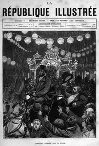 Léon Gambetta (1838-1882) begroet het standbeeld op de Place de la République in Parijs. Een krant. Gravure uit 1880 in 