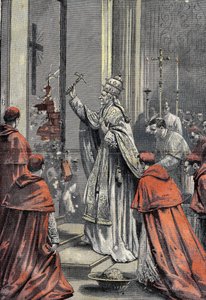 Leon XIII opent de deur van het jubileum in de Sint-Pieter van het Vaticaan op 24 december 1899. Gravure in Le Pelerin 31/12/1899
