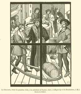De brouwers, glas-in-loodraam uit de vijftiende eeuw, in de kathedraal van Doornik door French School