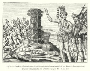 De Floridianen aanbidden de herdenkingszuil opgericht door René de Laudonnière; naar een gravure uit de Grote reizen van Th de Bry (gravure) door French School
