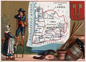 Les Landes, Aquitaine, Frankrijk. Serie over de Franse departementen. Lokale specialiteit: teer en wijnhars. Herder van de Landes. Chromolithografie "de geografische draad", circa 1920. Privécollectie