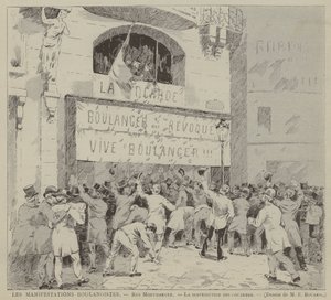Les Manifestations Boulangistes, Rue Montmartre, La distribution des cocardes (gravure) door French School