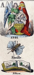 Letter A zoals Engel, Bij en Album. Een beschermengel bij een kind dat in een wieg slaapt. Kleine encyclopedische alfabet. Beeld van Epinal, circa 1860 door French School