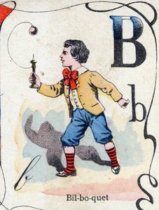 Letter B: Bilboquet. Gravure in "ABC des joux pour petits boys". Beeldvorming van Pont-a-Mousson, Louis Vagne, drukker-uitgever, eind 19e eeuw. Afm: 32,5x25 cm door French School