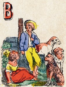 Letter B Herders. Gravure in "Alphabet des jeux". Mr. Vagne, redacteur, Pont-a-Mousson, eind 19e eeuw. Roze serie. 12 pagina