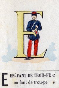 Letter E als een troep kind. Militair alfabet. Beeldvorming van Epinal, circa 1870-1880. Stencil-gekleurde houtsneden.
