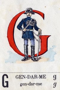Letter G als Gendarme. Militair alfabet. Beeldvorming van Epinal, circa 1870-1880. Stencil-gekleurde houtsneden.
