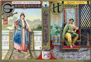 Letter G als Georgische Kaukasische Dame en H als Hindoe Adellijke Dame. Vrouwenalfabet. Serie van 12 afbeeldingen. Liebig reclame