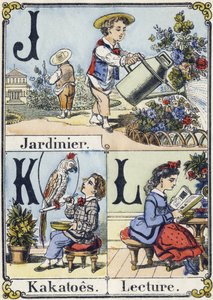 Letter J, K en L: tuinman, kakatoes en lezen. Recreatief alfabet. Epinal beeld, circa 1880