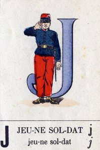 Letter J als jonge soldaat. Militair alfabet. Beeldvorming van Epinal, circa 1870-1880. Sjabloon-gekleurde houtsneden