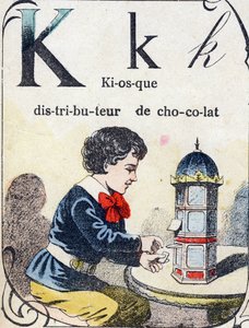 Letter K: chocoladedispenser kiosk. Gravure in "ABC des joux pour petits boys". Beeldvorming van Pont-a-Mousson, Louis Vagne, drukker-uitgever, eind 19e eeuw. Afm: 32,5x25 cm