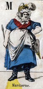 Letter M: Maritorne. Gravure in "Alfabet maskerades". Nieuwe Epinal beeldvorming. Druk-lithografie Pinot et Sagaire, uitgevers, Epinal, tweede helft van de 19e eeuw. Plaat Nr 491 met 25 verlichte letters. Afm: 40,5x28cm