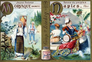 Letter M als Morlac Jonge Vrouw en N als Vrouw van het Volk in Napels. Vrouwenalfabet. Serie van 12 afbeeldingen. Liebig-reclame door French School