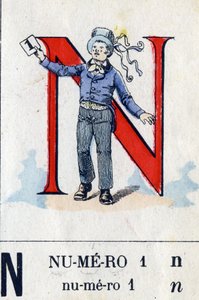 Letter N als nummer 1. Militair alfabet. Beeldvorming van Epinal, circa 1870-1880. Stencil-gekleurde houtsneden