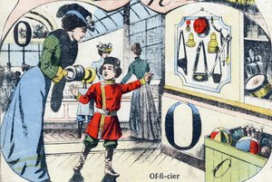 Letter O: Officier. Gravure in "ABC des joux pour petits boys". Beeldvorming van Pont-a-Mousson, Louis Vagne, drukker-uitgever, eind 19e eeuw. Afm: 32,5x25 cm