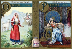 Letter O als Sardijnse vrouw van Osilo en P als Odalisk van Perzië. Vrouwenalfabet. Serie van 12 afbeeldingen. Liebig reclame door French School