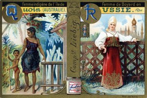 Letter Q als Inheemse Vrouw van Quoin Island en R als Boyars Vrouw in Rusland. Vrouwenalfabet. Serie van 12 afbeeldingen. Liebig reclame door French School