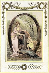 Letter Q die een moeder en haar zoon voorstelt die water drinken uit de bron, eind 19e eeuw (chromolithografie) door French School