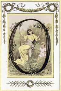 Brief met een schommelende moeder en haar zoon, eind 19e eeuw (chromolithografie) door French School