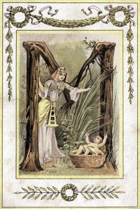 Brief die een Egyptische moeder die een verlaten kind vindt (Mozes redt wateren) voorstelt, eind 19e eeuw (chromolithografie) door French School
