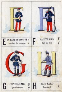 Letters E als troepkind, F als infanterist, G als lakei en H als huzaar. Militair ABC. Beeld van Epinal