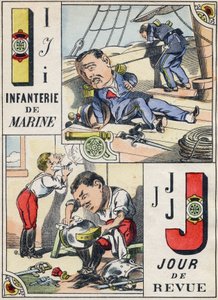 Letters I en J: Marine Infanterie en Beoordelingsdag. Gravure in "Comic Military Alphabet". Vijfde serie. Epinal beeld, eind 19e eeuw
