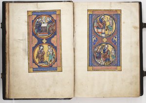 Lewis Psalter ff.8v-9r, Presentatie in de Tempel, en de Drie Verleidingen van Christus, c.1225-40 (tempera & goud op perkament)