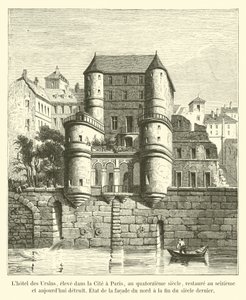 Het Ursins Hotel, gebouwd in de stad Parijs, in de 14e eeuw, gerestaureerd in de 16e eeuw en nu vernietigd, toestand van de noordgevel aan het einde van de vorige eeuw door French School