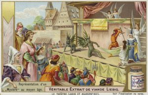 Liebig-kaart met een voorstelling van een middeleeuws mysterie door French School