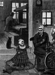 Linnen: weversinterieur met wever en spinnewiel. Gravure in 