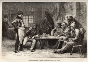 Het interieur van een houthakkerskamp in Ontario. Gravure naar een tekening van D. Maillard. door French School