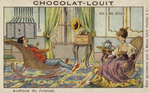 Het nieuws beluisteren via fonograaf in het jaar 2000 door French School