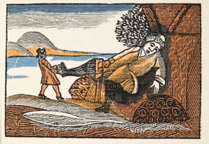 Klein Duimpje uit Histories or Tales of Past Times verteld door Moeder de Gans, met moraal, door M Perrault, pub. 1925 (handgekleurde houtsnede)