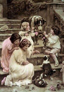 Kleine kinderen spelen met honden Gekleurde ansichtkaart uit het begin van de 20e eeuw (foto)